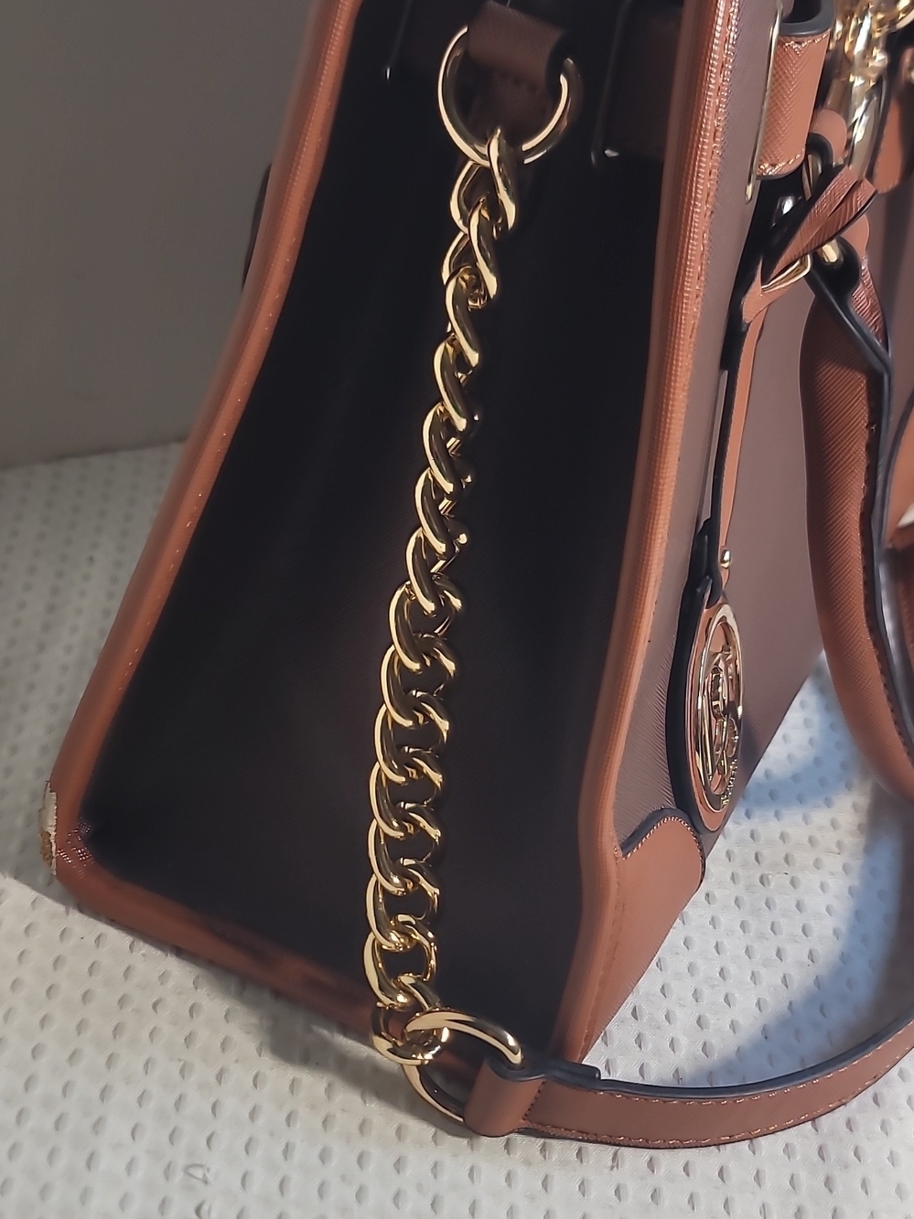 Brown Two-Tone Satchel Handbag with Gold Hardware - Picture 5 of 8